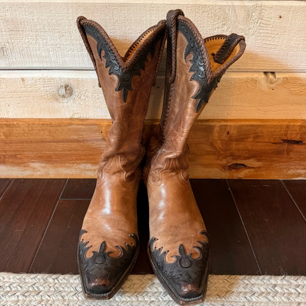 JB Dillon Western Boots tooled leather snipped toe brown braided accent - Picture 2 of 8